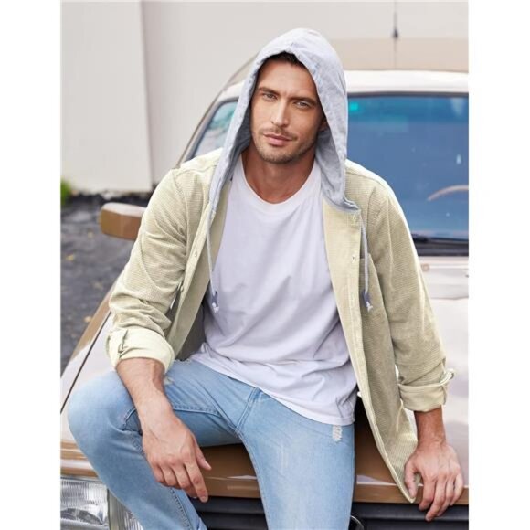 Men's Corduroy Shirt Hoody Long Sleeve‎ Button Down Casual Stylish Jacket - Picture 3 of 5